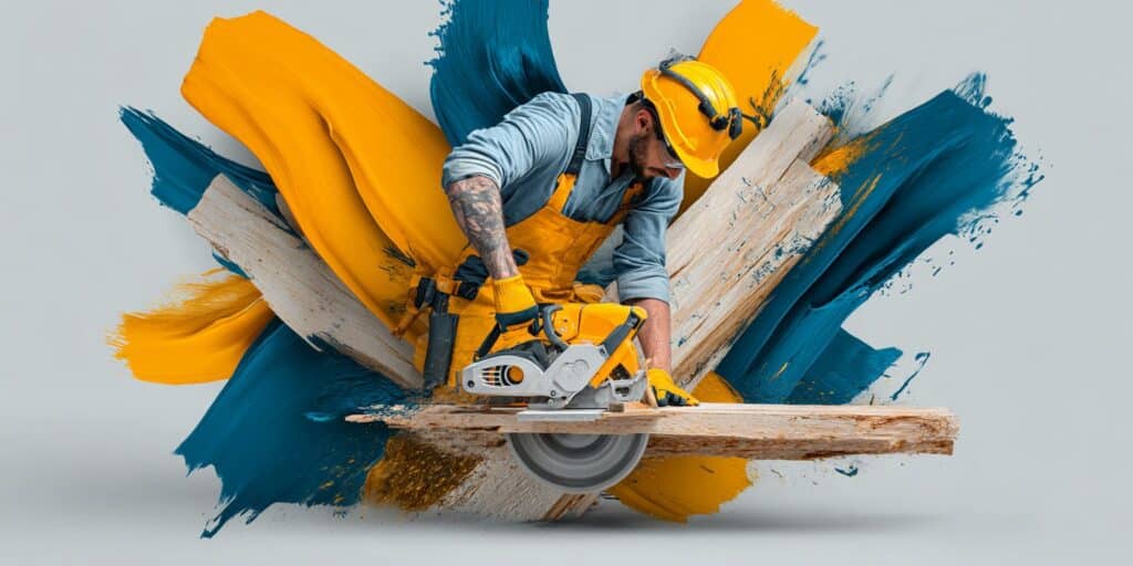 Charpentier utilisant une scie circulaire pour préparer des éléments de couverture