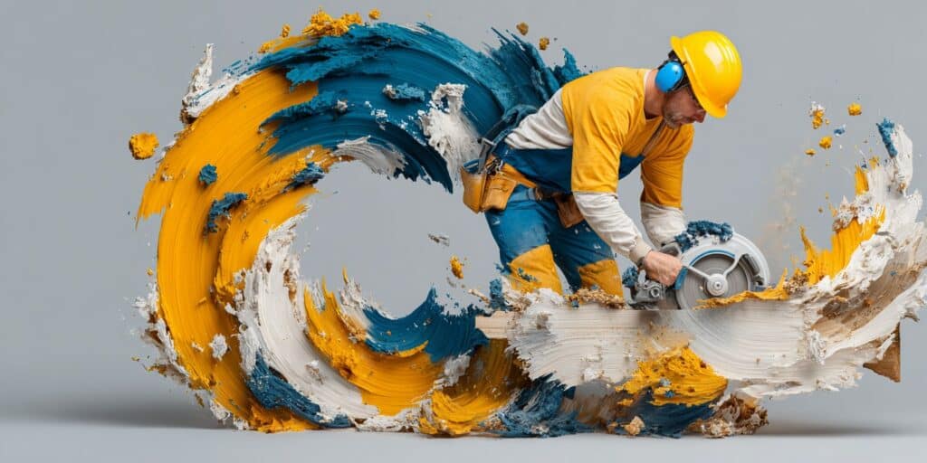 Charpentier travaillant à la scie circulaire en atelier de couverture