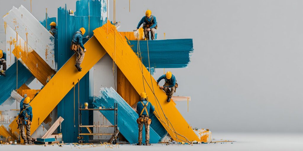 Charpentiers assemblant une toiture sur chantier