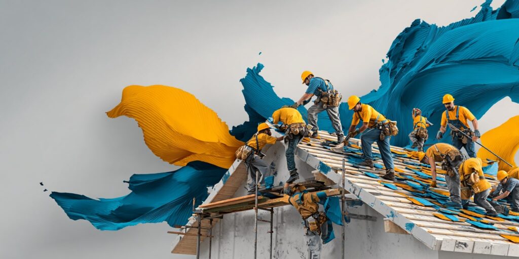 Équipe de couvreurs sur toit – pose de tuiles sécurisée PPSPS couverture