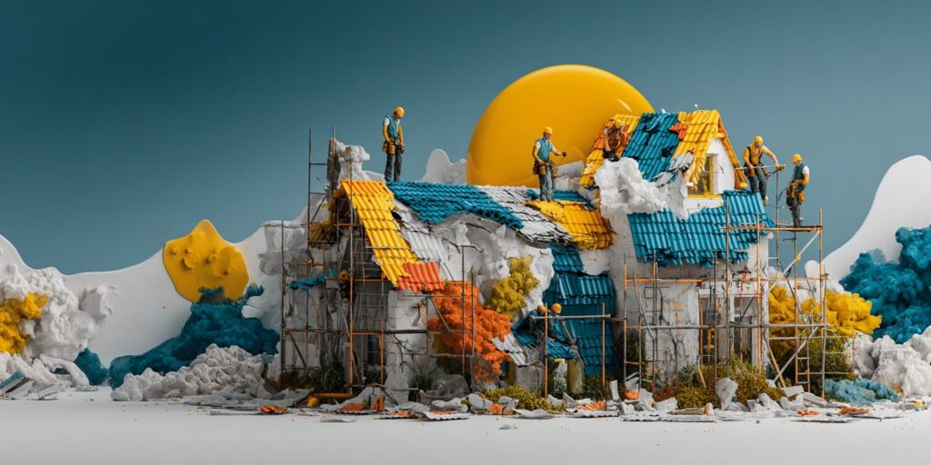 Chantier toiture avec couvreurs et échafaudages – PPSPS couverture