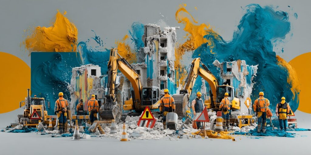 Ouvriers démontant une structure de bâtiment