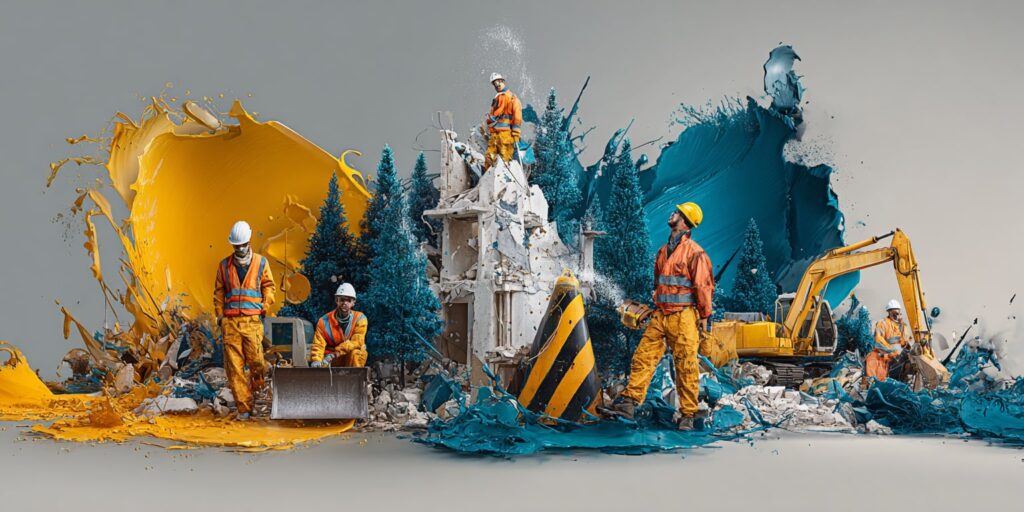 Travailleurs de chantier retirant des éléments de façade