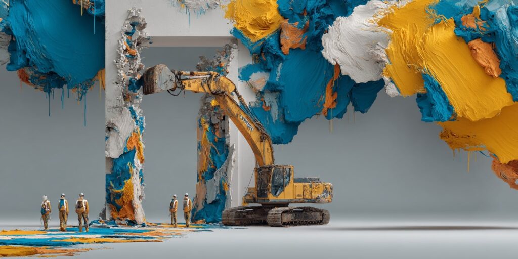 Engin de démolition retirant des structures en hauteur