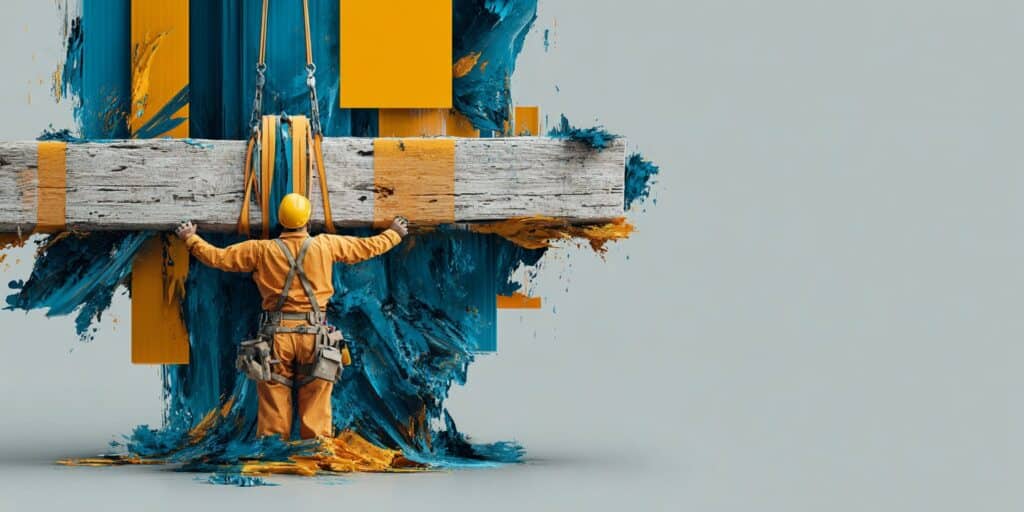 Charpentier soulevant une poutre en bois