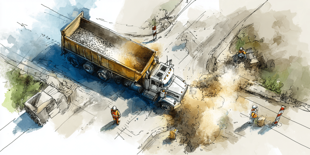 Camion benne déchargeant des matériaux sur un chantier de travaux publics