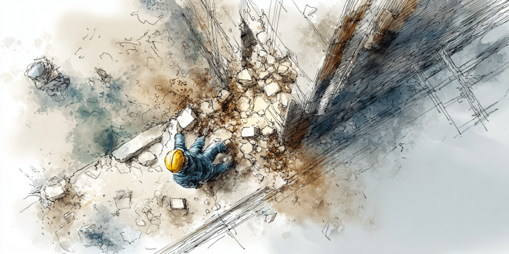 Ouvrier en casque jaune inspectant un chantier encombré de débris.