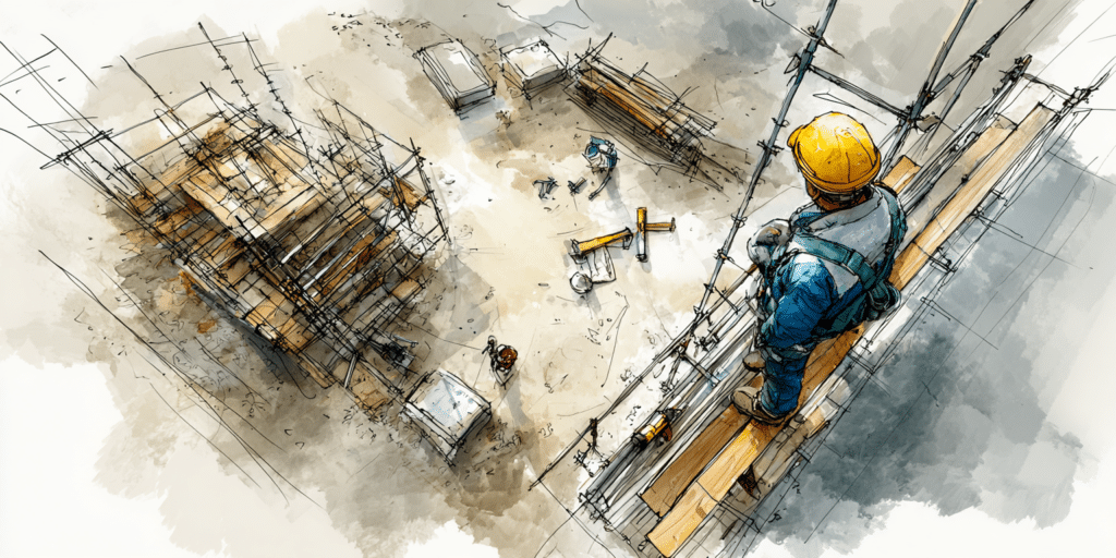 Homme en harnais sur échafaudage d'un chantier de construction BTP