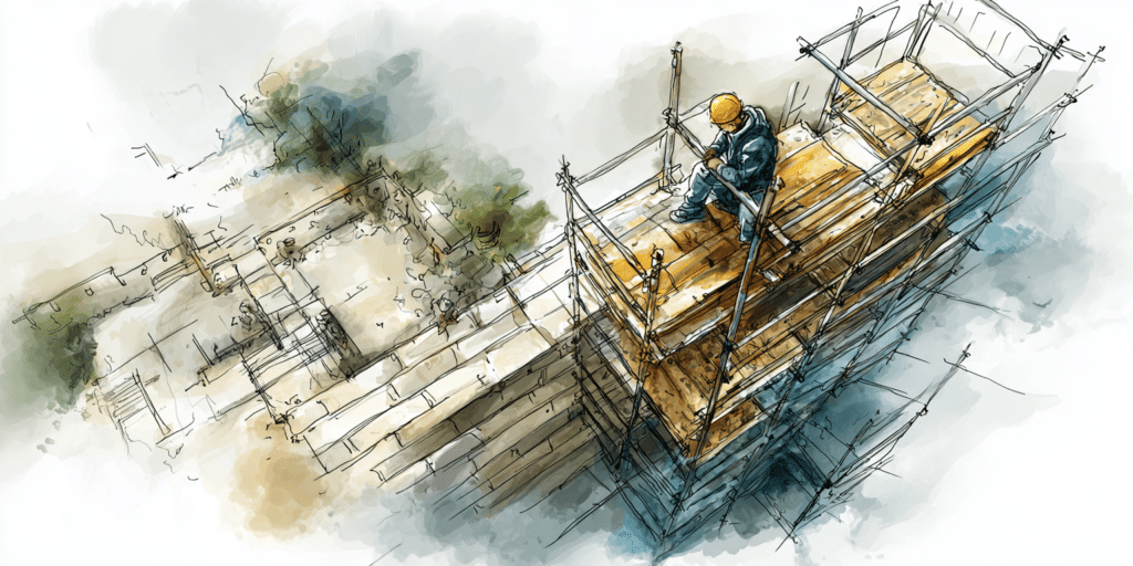 Ouvrier en casque jaune sur échafaudage, vue aérienne de chantier construction
