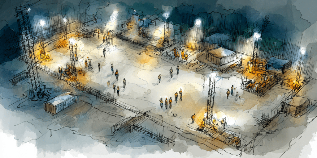 Chantier de nuit éclairé par des projecteurs avec ouvriers en activité