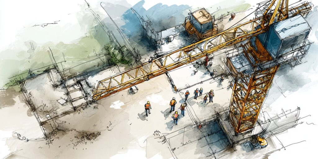 Vue aérienne d'un chantier animé avec grue et ouvriers en plein travail