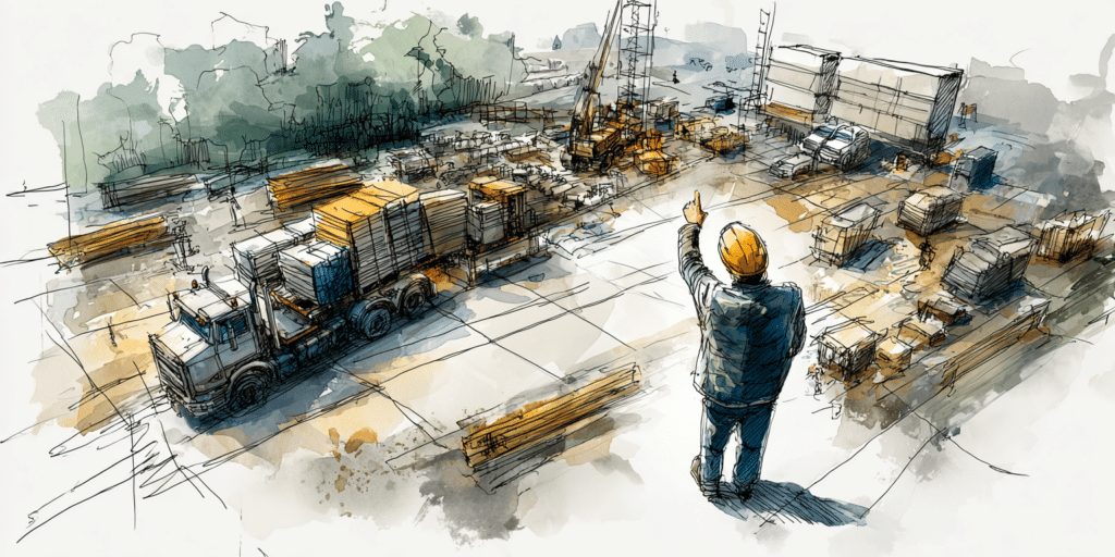 Homme dirige une opération de chargement sur un chantier de construction