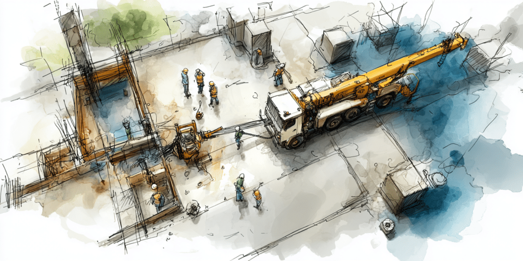 Vue aérienne d'un chantier avec grue et ouvriers, secteur BTP