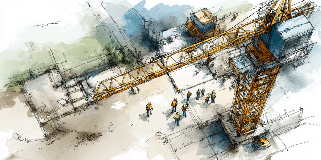 Vue aérienne d'un chantier avec grue, ouvriers et équipements en activité