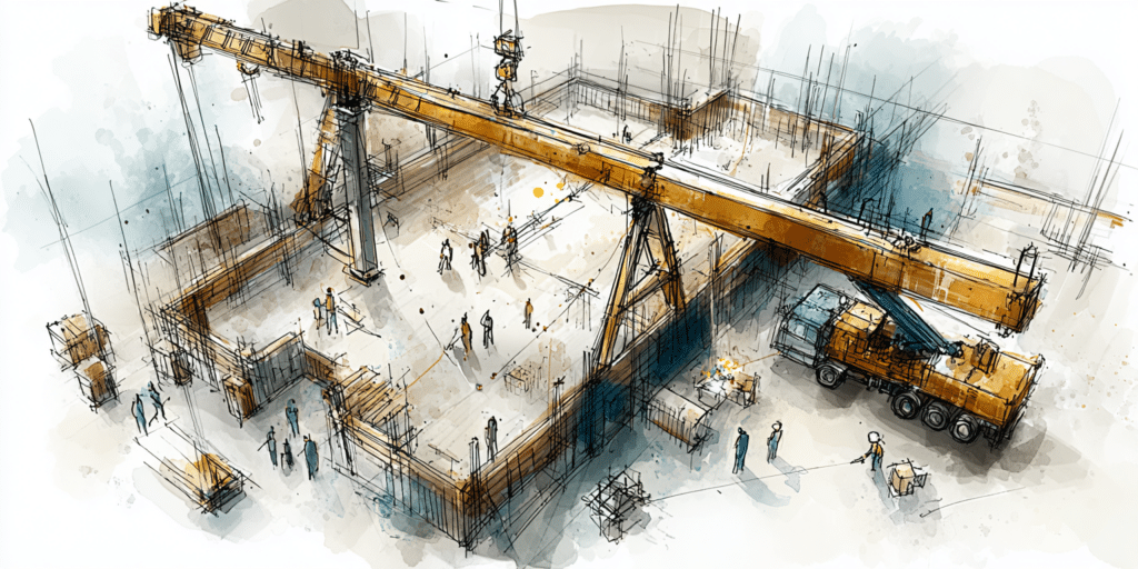 Illustration artistique d'un grand chantier avec équipements modernes