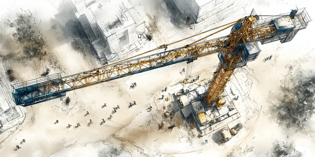 Vue aérienne d'une grue sur un chantier de construction, illustrant des travaux d'infrastructure.