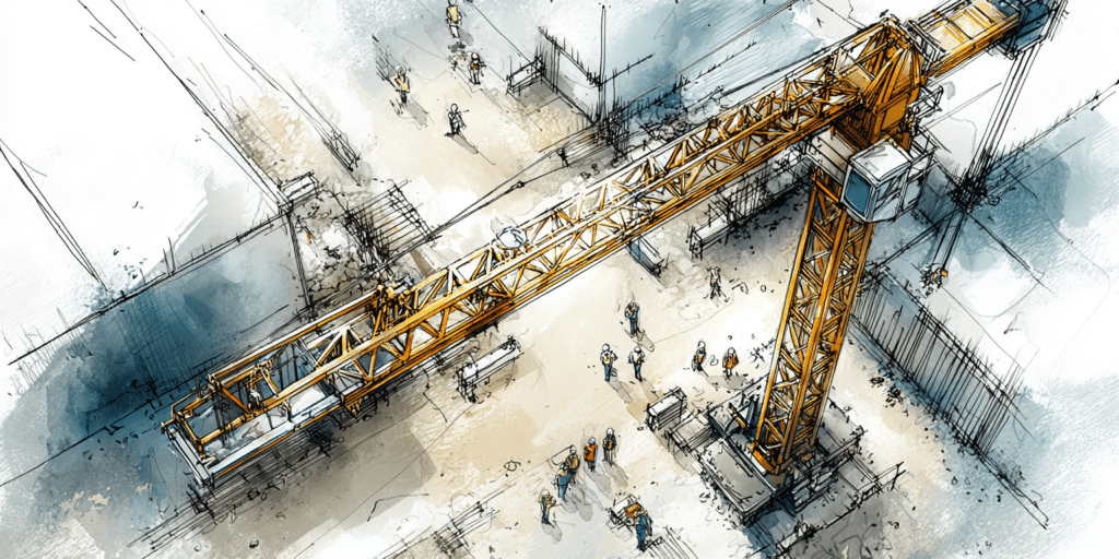 Grue jaune au-dessus d'un chantier, ouvriers et infrastructures visibles