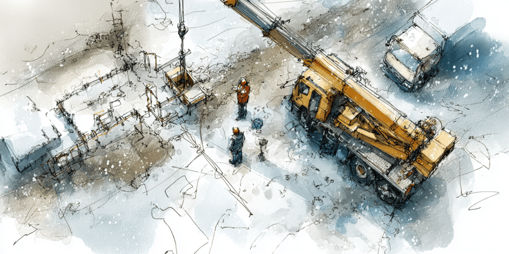 Grue mobile opérant sur un chantier de construction par temps neigeux