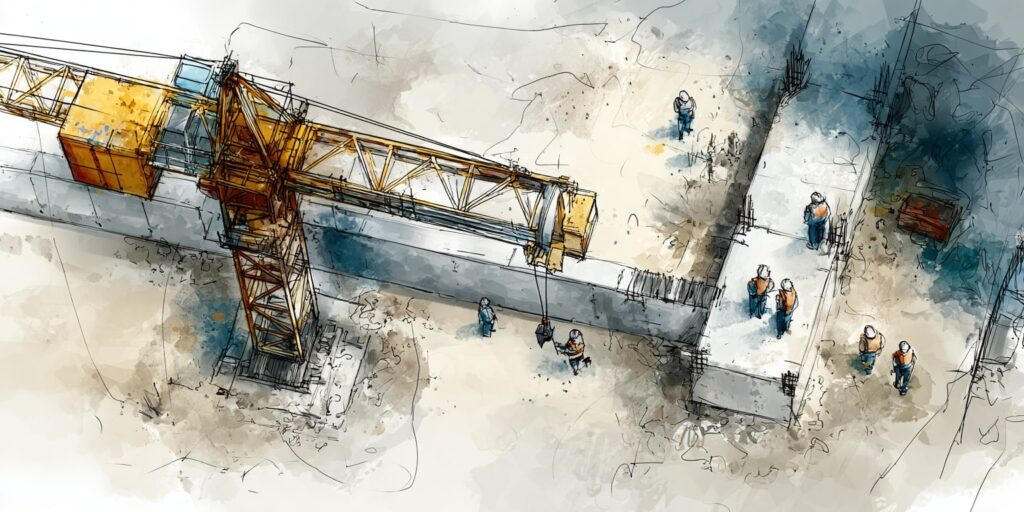 Chantier de construction avec grue lourde et ouvriers sur site de génie civil