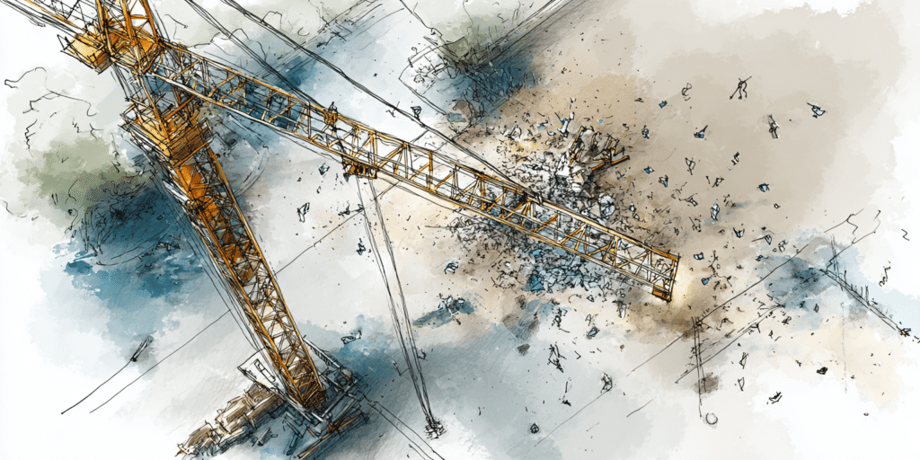 Grue suspendue au-dessus d'un chantier actif avec matériaux variés.