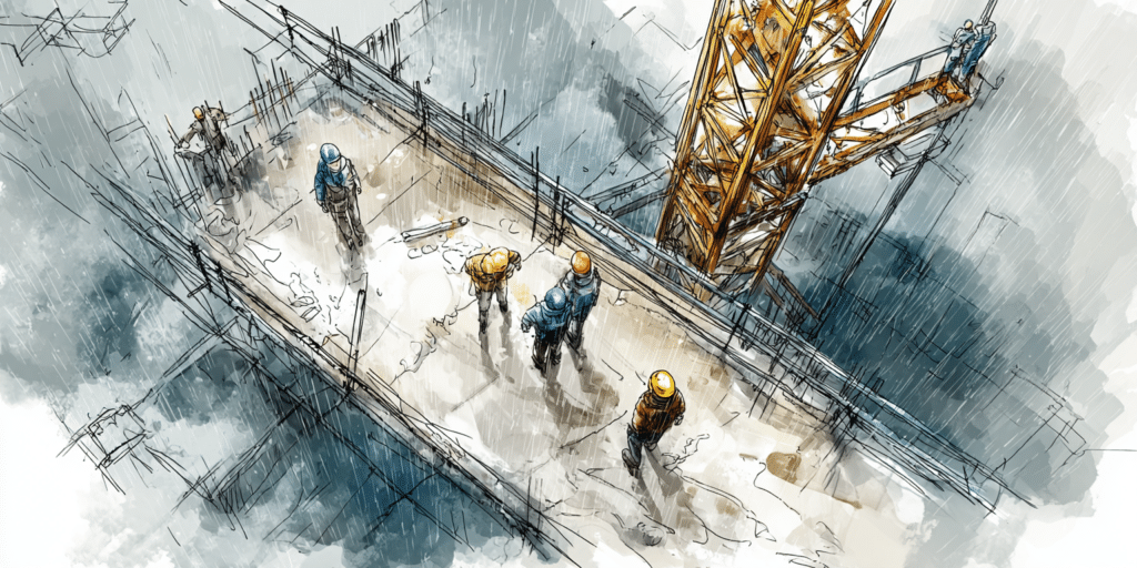 Travailleurs sur chantier BTP par temps de pluie, sécurité et matériel
