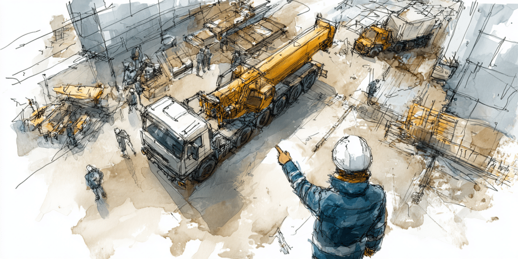 Vue aérienne d'un chantier avec engins de construction et personnel BTP