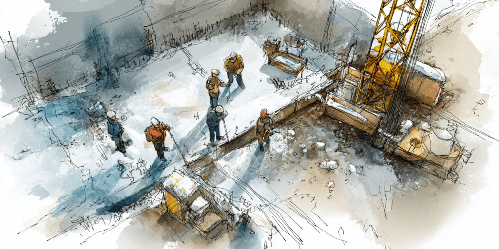 Vue aérienne d'un chantier BTP avec ouvriers et matériaux visibles