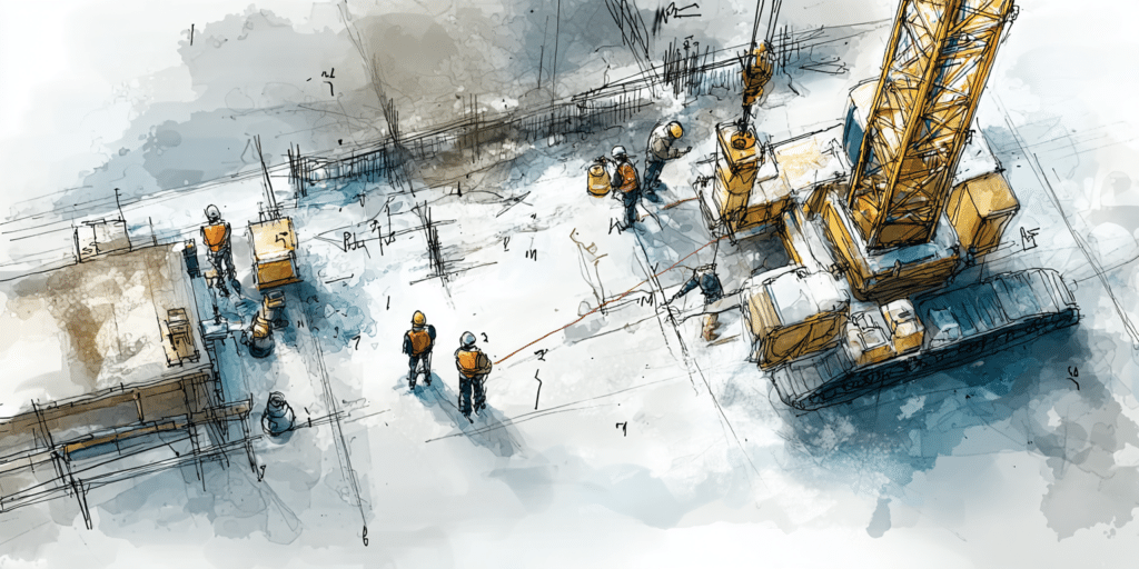 Illustration d'un chantier avec ouvriers et équipements de construction