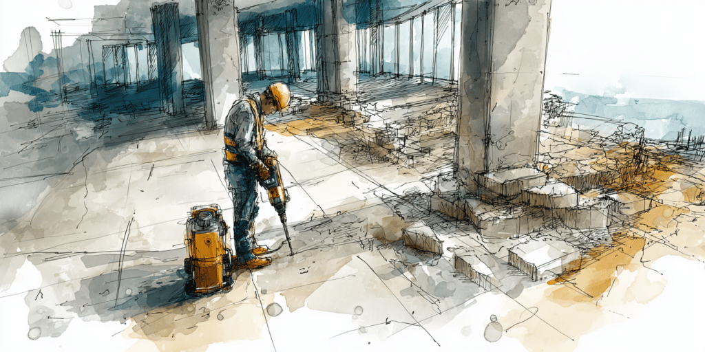 Ouvrier en chantier BTP utilisant un marteau-piqueur pour travaux