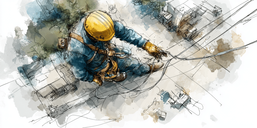 Travailleur équipé d'un harnais en hauteur, vue aérienne artistique
