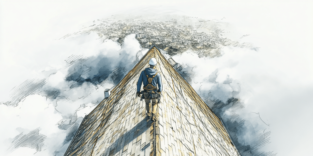 exemple PPSPS - Travailleur en hauteur sur un toit de chantier BTP, vue spectaculaire