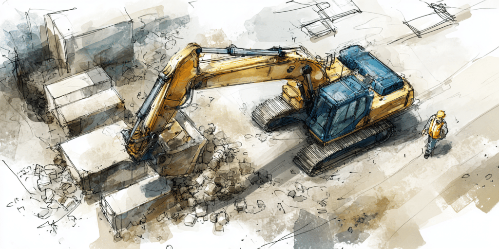 Excavatrice jaune sur chantier de construction avec ouvrier en gilet.