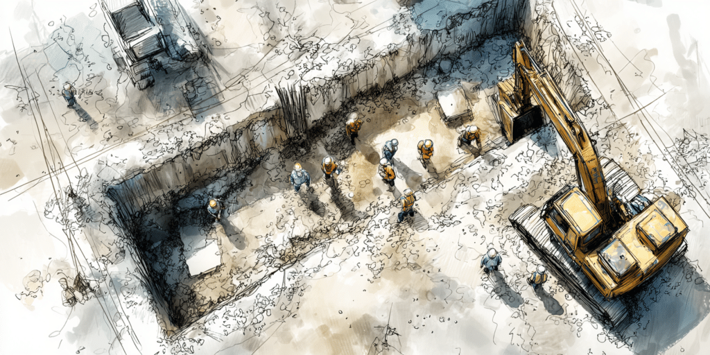 Vue aérienne d'un chantier avec pelle mécanique et ouvriers en action