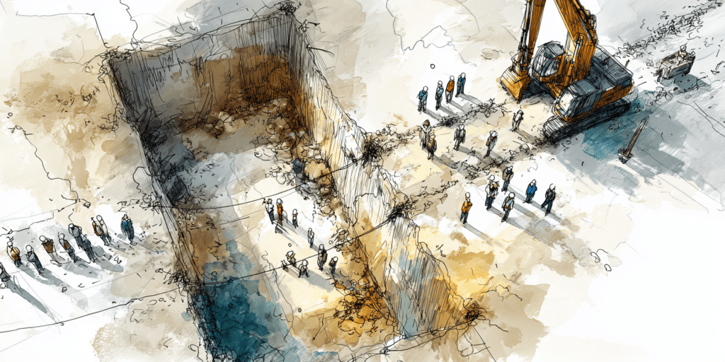 Vue aérienne d'un chantier d'excavation avec ouvriers et pelleteuse