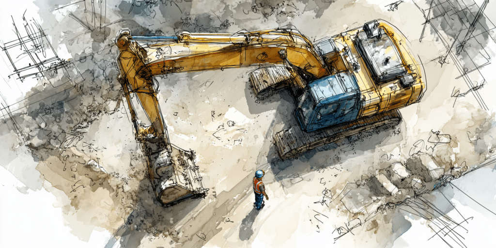 Vue aérienne d'une excavatrice sur un chantier avec un ouvrier