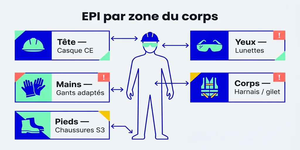 EPI par zone du corps : casque, lunettes, gants, chaussures, harnais