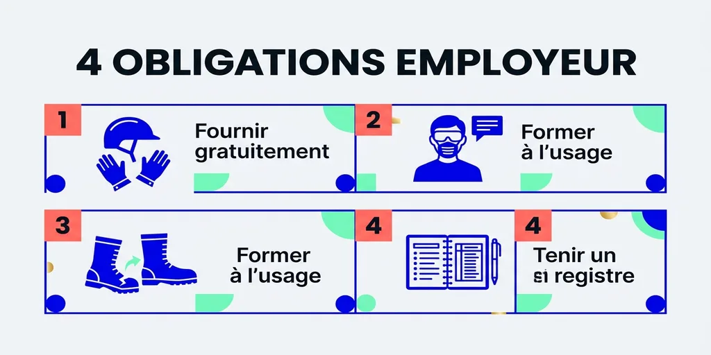 Les 4 obligations de l'employeur pour les EPI : fournir, former, remplacer, enregistrer
