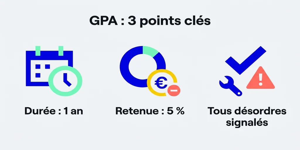 GPA : durée 1 an, retenue 5%, tous désordres signalés