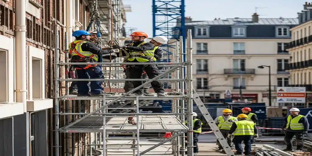 Monteurs d'échafaudages assemblant une structure métallique en façade d'un bâtiment