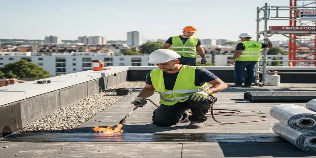 Étancheurs soudant une membrane bitumineuse au chalumeau sur une toiture-terrasse