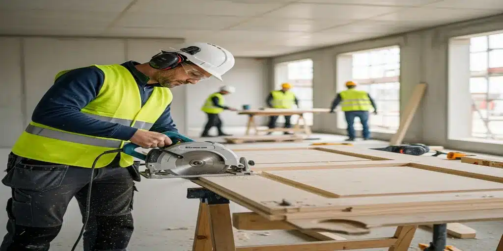Menuisier découpant une huisserie à la scie circulaire sur un chantier de logements
