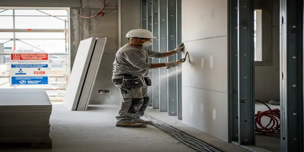 Plaquiste posant une plaque de plâtre sur ossature métallique sur un chantier de bureaux