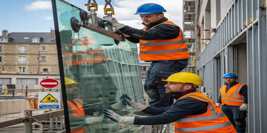 Vitriers posant un grand vitrage en façade à l'aide de ventouses de levage