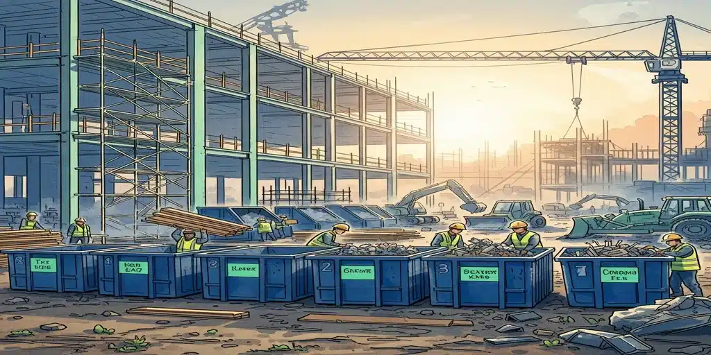 Chantier BTP avec tri des déchets — illustration SOSED